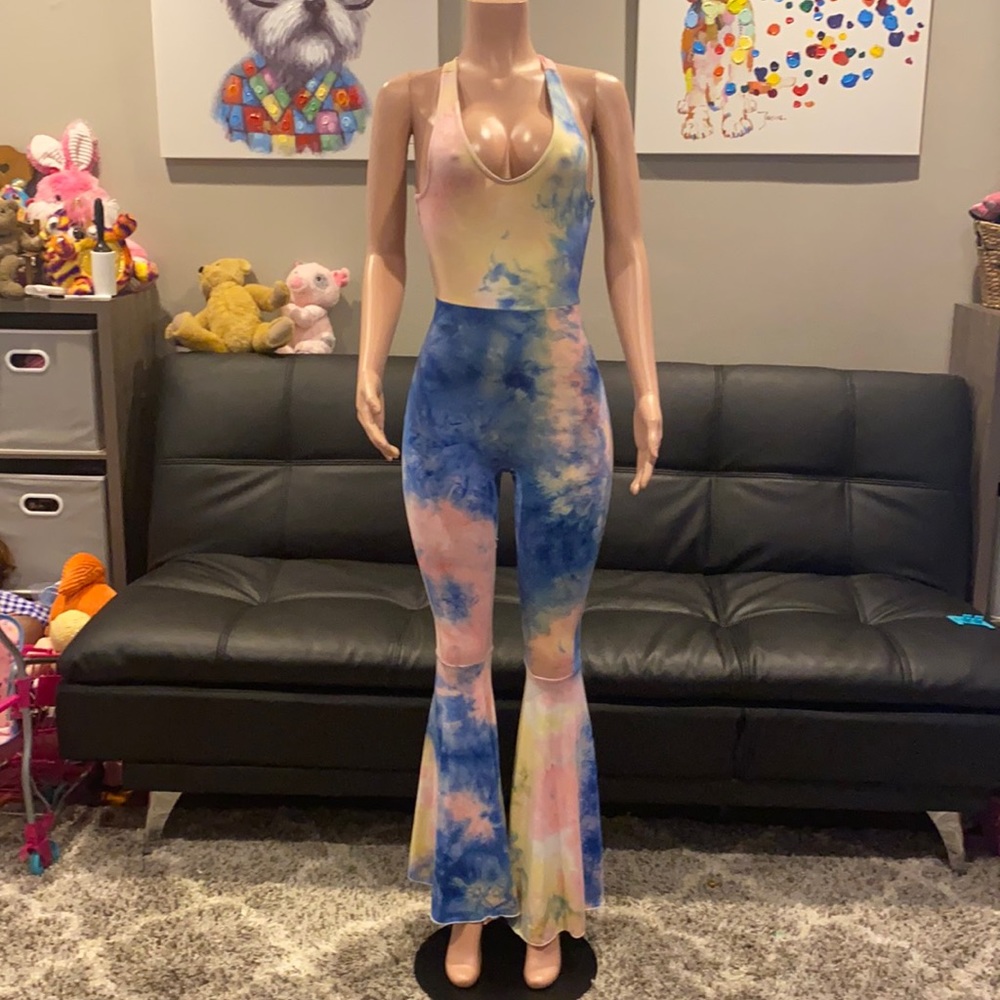 Posh by V Tie dye flare backless jumpsuit